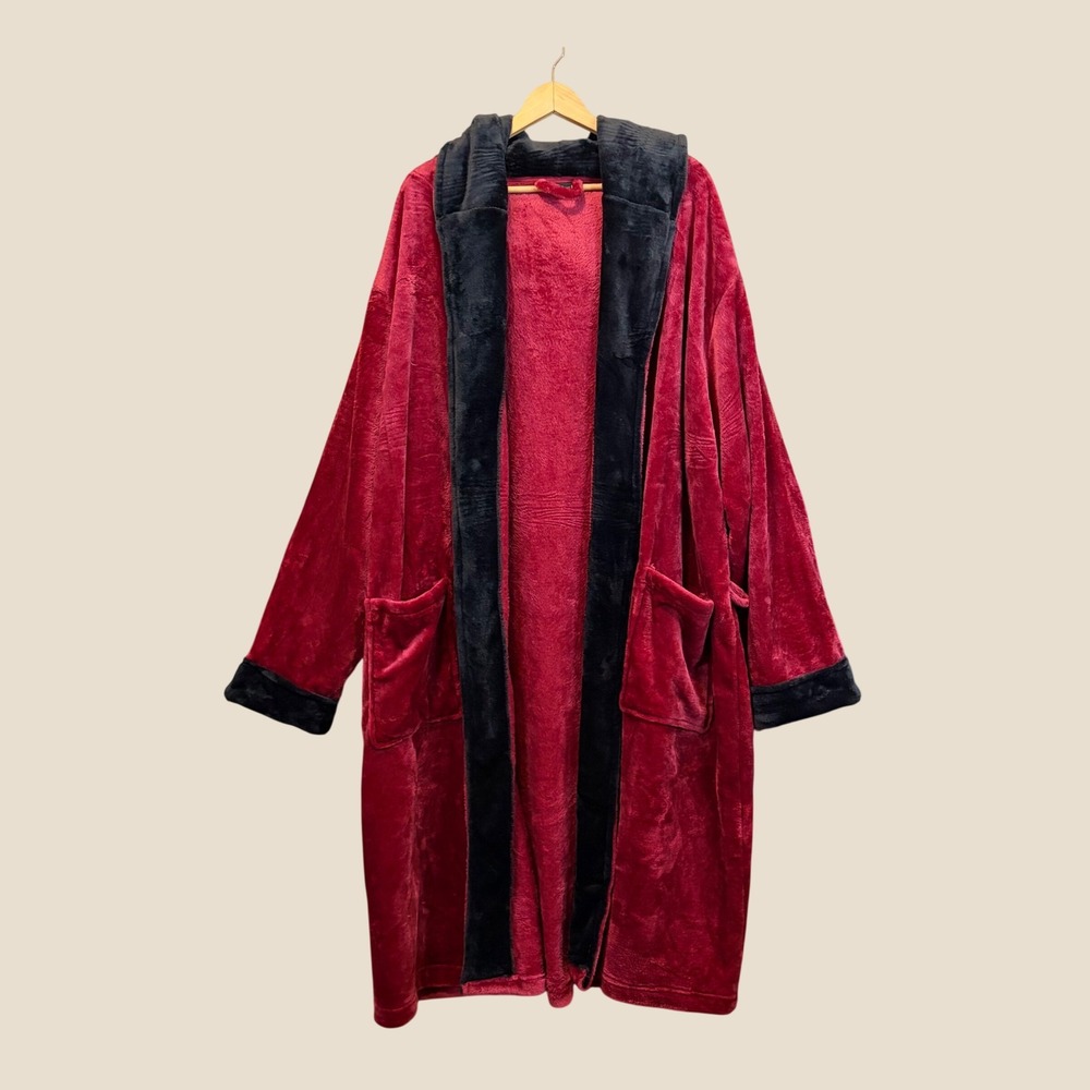 Ross Michaels Robe Mens L/XL Burgundy Red Black Hooded Plush Boxer Costume READ